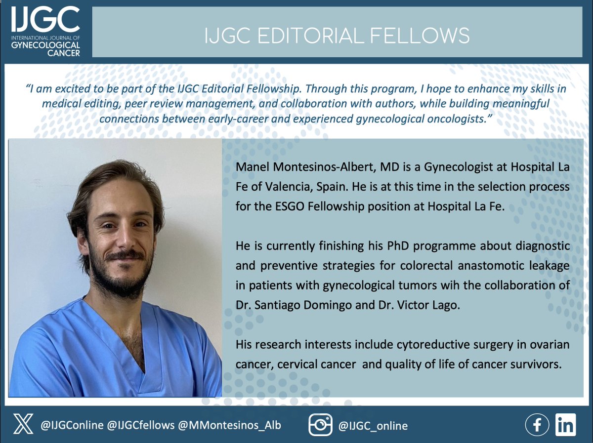 IJGC (@ijgconline) on Twitter photo Join us in welcoming Dr. Manel Montesinos-Albert, <a href="/MMontesinos_Alb/">Manel Montesinos-Albert</a>, our new #EditorialFellow from Hospital La Fe in Valencia #Spain🇪🇸
Welcome aboard!💖
<a href="/pedroramirezMD/">Pedro T Ramirez</a> <a href="/HsuMd/">Arthur_HC_Hsu</a> <a href="/JayrajAarthi/">Aarthi S Jayraj</a> <a href="/AndreFernandes2/">Andreina Fernandes</a> <a href="/IGCSociety/">IGCS</a> <a href="/ESGO_society/">ESGO</a> <a href="/ENYGO_official/">European Network of Young Gynae Oncologists</a> <a href="/OncoAlert/">OncoAlert</a> <a href="/IJGCfellows/">IJGC Fellows</a> <a href="/GynMe4/">SoMe4GynOnc</a> Join us in welcoming Dr. Manel Montesinos-Albert, <a href="/MMontesinos_Alb/">Manel Montesinos-Albert</a>, our new #EditorialFellow from Hospital La Fe in Valencia #Spain🇪🇸
Welcome aboard!💖
<a href="/pedroramirezMD/">Pedro T Ramirez</a> <a href="/HsuMd/">Arthur_HC_Hsu</a> <a href="/JayrajAarthi/">Aarthi S Jayraj</a> <a href="/AndreFernandes2/">Andreina Fernandes</a> <a href="/IGCSociety/">IGCS</a> <a href="/ESGO_society/">ESGO</a> <a href="/ENYGO_official/">European Network of Young Gynae Oncologists</a> <a href="/OncoAlert/">OncoAlert</a> <a href="/IJGCfellows/">IJGC Fellows</a> <a href="/GynMe4/">SoMe4GynOnc</a>