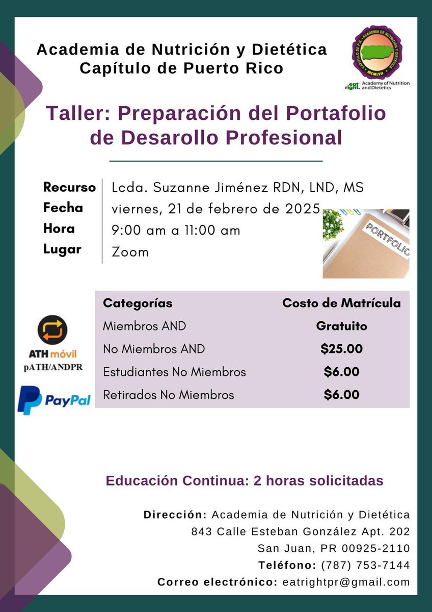 Para más información pueden llamar al:
📞 787-753-7144
(L, M, V de 10 a.m.-2:00 p.m.)
email: eatrightpr@gmail.com
Puede ver todas nuestras actividades en el siguiente enlace: eatrightpr.org/actividades
 
#yosoyandpr #dietitian #nutritionist #puertorico🇵🇷