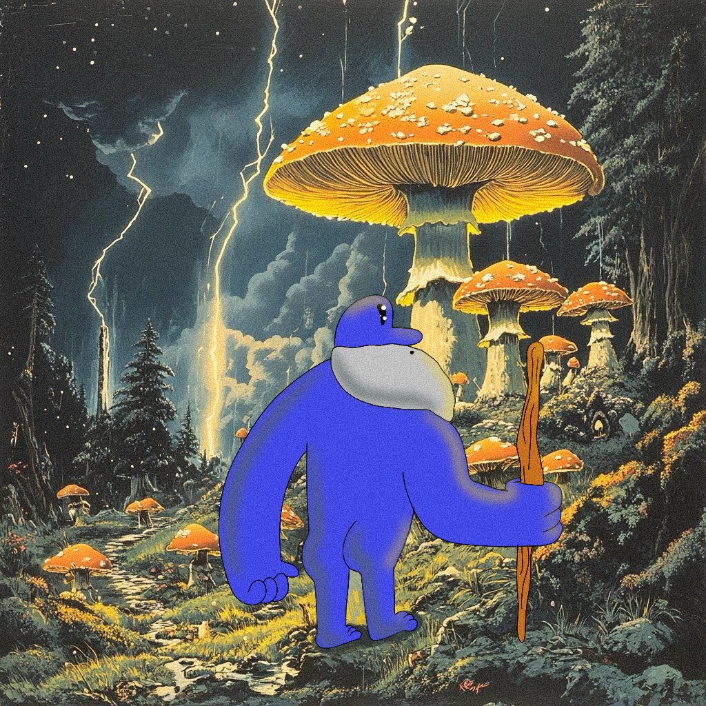 Chapter 3: The Forest of Giants

Amid towering mushrooms of orange and gold, Gnom leaned upon his staff. Lightning danced in the heavens, warning of peril. Yet he pressed onward, for the memory of his hat burned brighter than any storm.