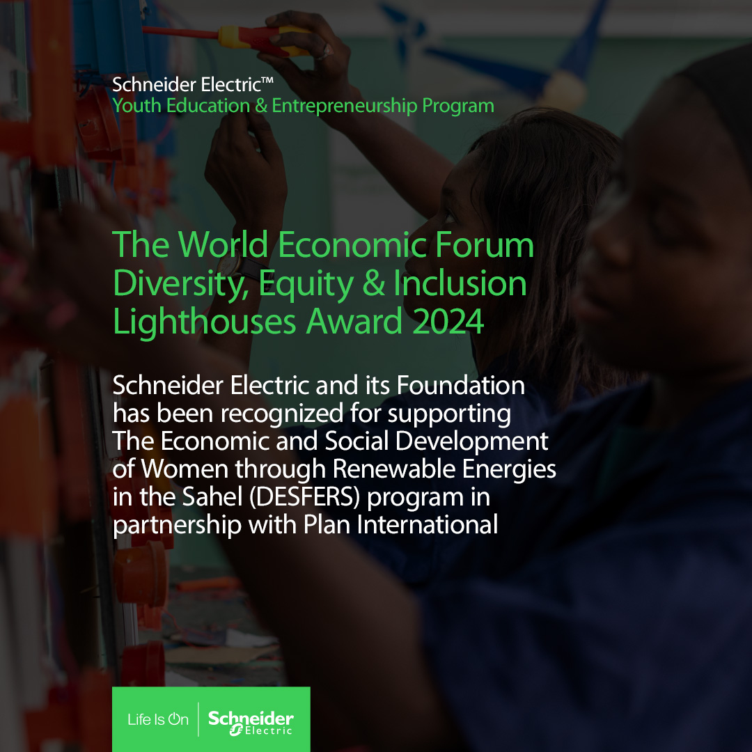 Honored to be named a Diversity, Equity &amp; Inclusion Lighthouse by <a href="/wef/">World Economic Forum</a> for our women's empowerment program in West Africa, in partnership with Plan International. spr.ly/6019a5Q7L

#SHElectric #ImpactCompany #WEF #DEILighthouses #GenderEquality