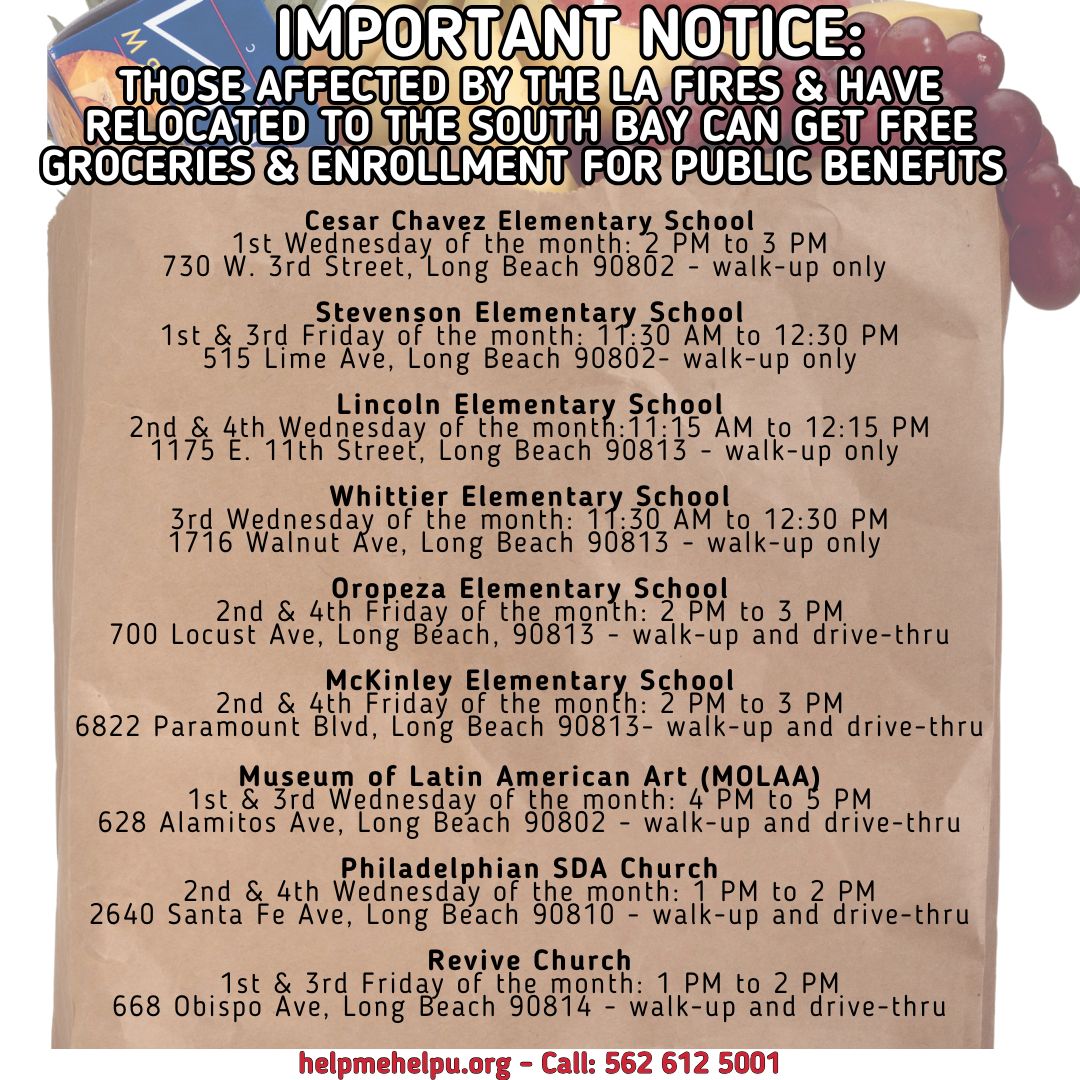 helpmehelpuLB's tweet image. IMPORTANT NOTICE: THOSE AFFECTED BY THE LA FIRES AND HAVE RELOCATED TO THE SOUTH BAY CAN GET FREE GROCERIES &amp;amp; ENROLLMENT FOR PUBLIC BENEFITS. Get free and nutritious groceries twice weekly (4 locations per week) via 10 Long Beach Locations and free enrollment to public benefits.