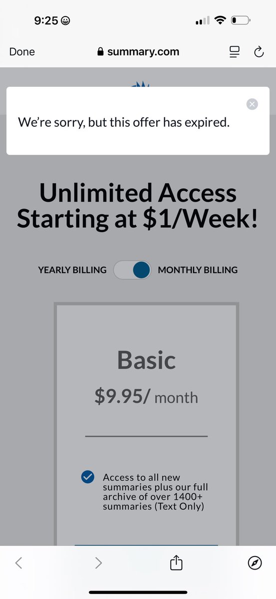 IAmPaulGraham's tweet photo. @BusinessBooks Offer expired.  Has been for weeks but you’re still advertising it.  $9.95/month so not $1 per week. https://t.co/QQsAO1gIWZ