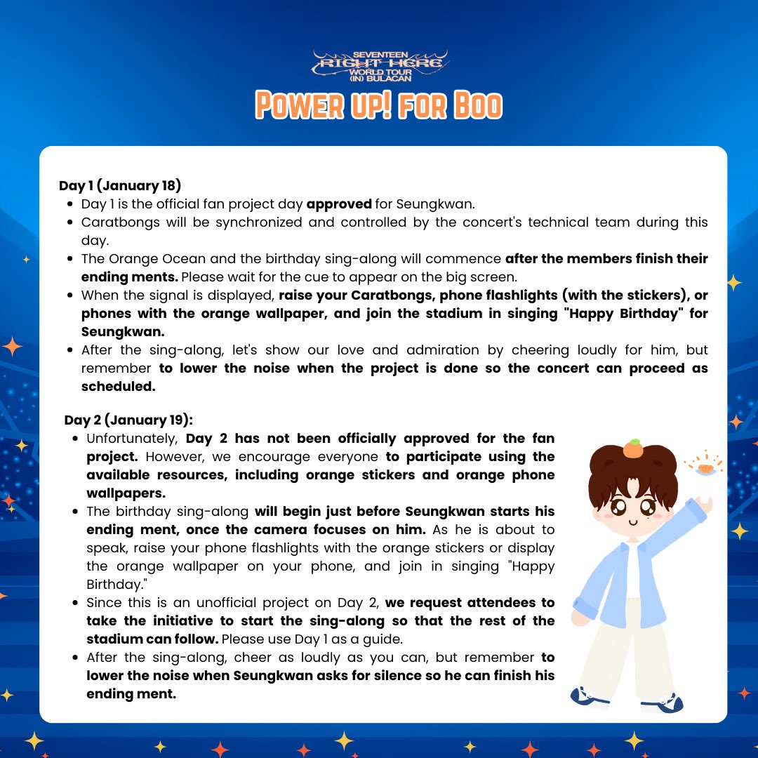BooSeungkwanPH's tweet photo. It’s finally D-DAY tomorrow!

We are thrilled to announce the guidelines for Seungkwan's birthday fan project at SEVENTEEN'S concert here in Bulacan.

To ensure the success of this initiative, please read and adhere to the following instructions carefully. https://t.co/ObJSoWl9kb