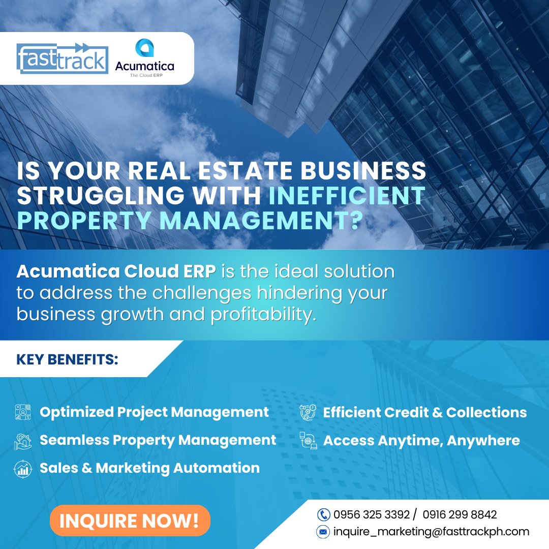Fasttrack_PH's tweet image. Is Your Real Estate Business Struggling with Inefficient Property Management? Acumatica Cloud ERP for Real Estate is the ideal solution to address the challenges hindering your business growth and profitability.  

Inquire now!

#AcumaticaForRealEstate #Fasttracksolutions