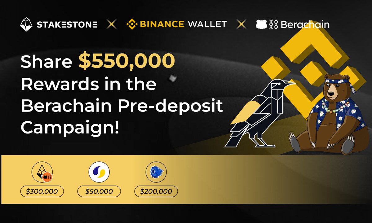 Stake_Stone's tweet photo. 🪨🐻 Join StakeStone x @BinanceWallet x @Berachain Pre-deposit Campaign NOW to Share $550,000 in Rewards exclusively on Binance Wallet Earn!

Activity Period: Jan. 16 00:00 to Jan. 25 23:59 (UTC)

How to Participate?
Deposit the following assets into Vaults to earn multiple rewards:
🔹ETH, WETH, BTCB, WBTC, PumpBTC

👉 https://t.co/hwxq5u5qi0