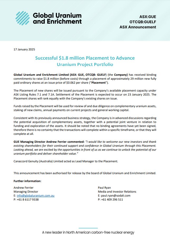 $GUE is pleased to share it has received binding commitments to raise $1.8M through a placement of approx. 29 million new fully paid ordinary shares and is progressing discussions regarding the potential acquisition of complementary #uranium assets.

bit.ly/4anwgpz