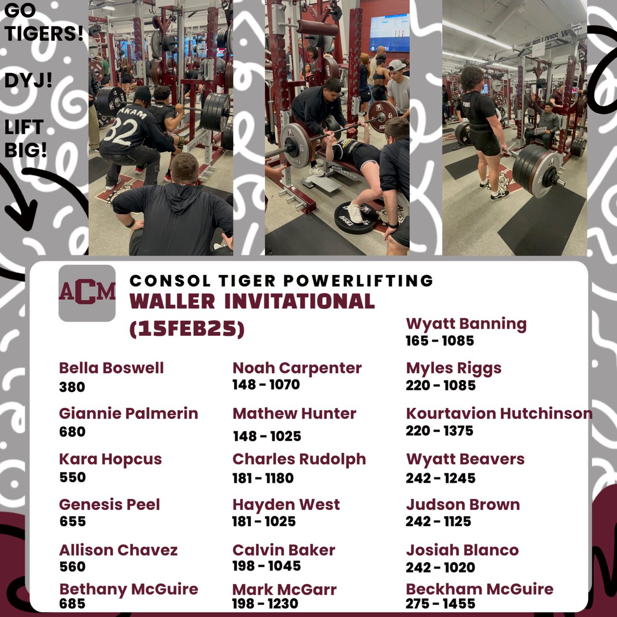 acmpowerlifting's tweet image. Consol Tiger Powerlifting at it again! This time in Waller, TX on Wednesday. All our athletes competed their tails off and got impressive stats recorded for their first meet! Go Tigers! #CSISD @AMCHSTigerClub @ConsolHS @CSISDAthletics
