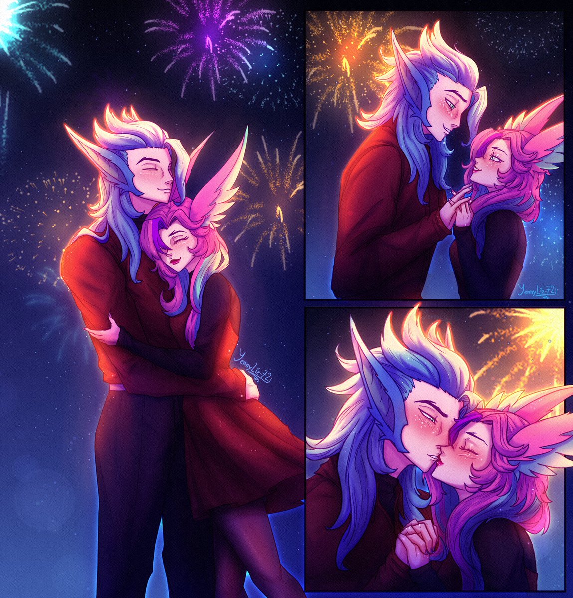 Together, today and forever

Just one night where both lovers welcome another year. They don't understand the human tradition, but it certainly serves as an excuse to dress to match and earn a few kisses from each other

Just the two of them

#Xayah #Rakan #Starguardian