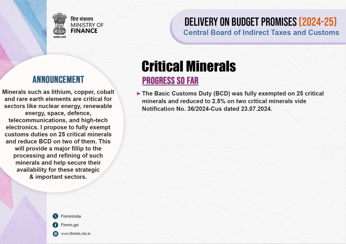CBIC <a href="/cbic_india/">CBIC</a> exempted Basic Customs Duty #BCD for domestic value creation and to reduce the cost of production on:

✅ Electronics
✅ Other Metals 
✅ Critical Minerals 

#BudgetForViksitBharat