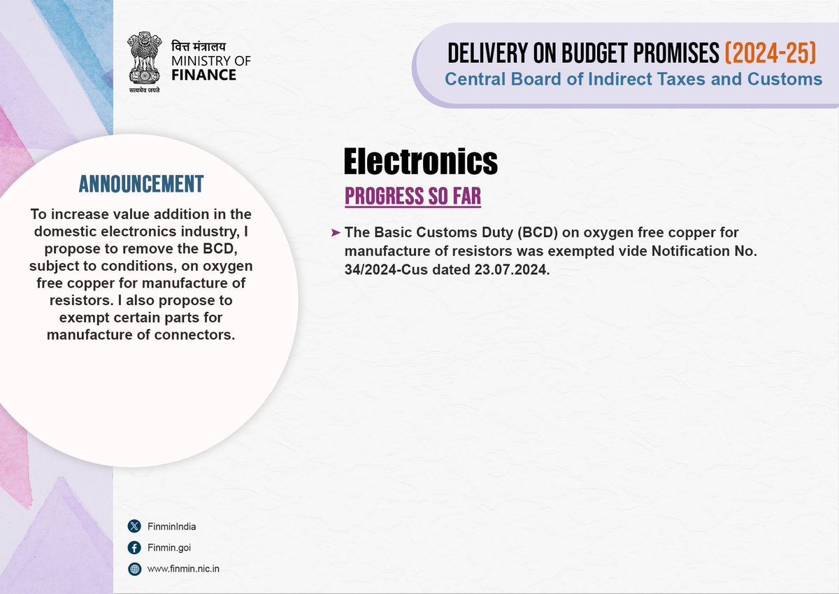 FinMinIndia's tweet photo. CBIC @cbic_india exempted Basic Customs Duty #BCD for domestic value creation and to reduce the cost of production on:

✅ Electronics
✅ Other Metals 
✅ Critical Minerals 

#BudgetForViksitBharat https://t.co/onvLIKLoPE