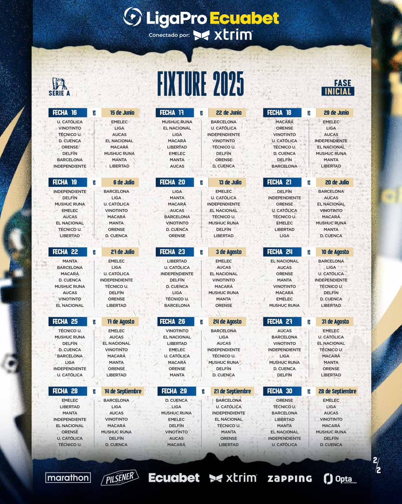 Ya tenemos calendario 🗓️ para @LigaProEC 🤔 2️⃣0️⃣2️⃣5️⃣

Fecha 1 : 🛫🆚 <a href="/LibertadFC3/">Libertad Fútbol Club</a> 
Fecha 2 : 🏟️🆚 <a href="/LDU_Oficial/">LDU Oficial</a> 
Fecha 3 : 🏟️🆚 <a href="/UCatolicaEC/">U. Católica Ecuador</a> 
Fecha 4 : 🛫🆚 <a href="/BarcelonaSC/">BARCELONA S.C.</a> 

No te pierdas nada y abónate a la diversión 👇

tickets.superticket.ec/event/abonado-…