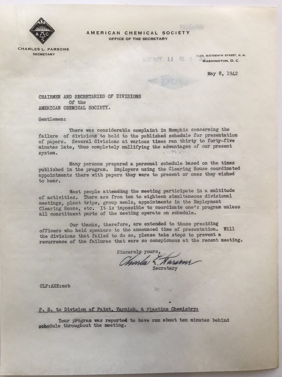 LisaSBaugh's tweet photo. PMSE’s Centennial has concluded but there’s no deadline on appreciating history. We’ll feature archive materials here throughout 2025. Here’s PMSE History for Week 1:  A 1942 letter chiding the ACS Divisions for scandalously irresponsible meeting timekeeping! https://t.co/DxUVTd0KaI