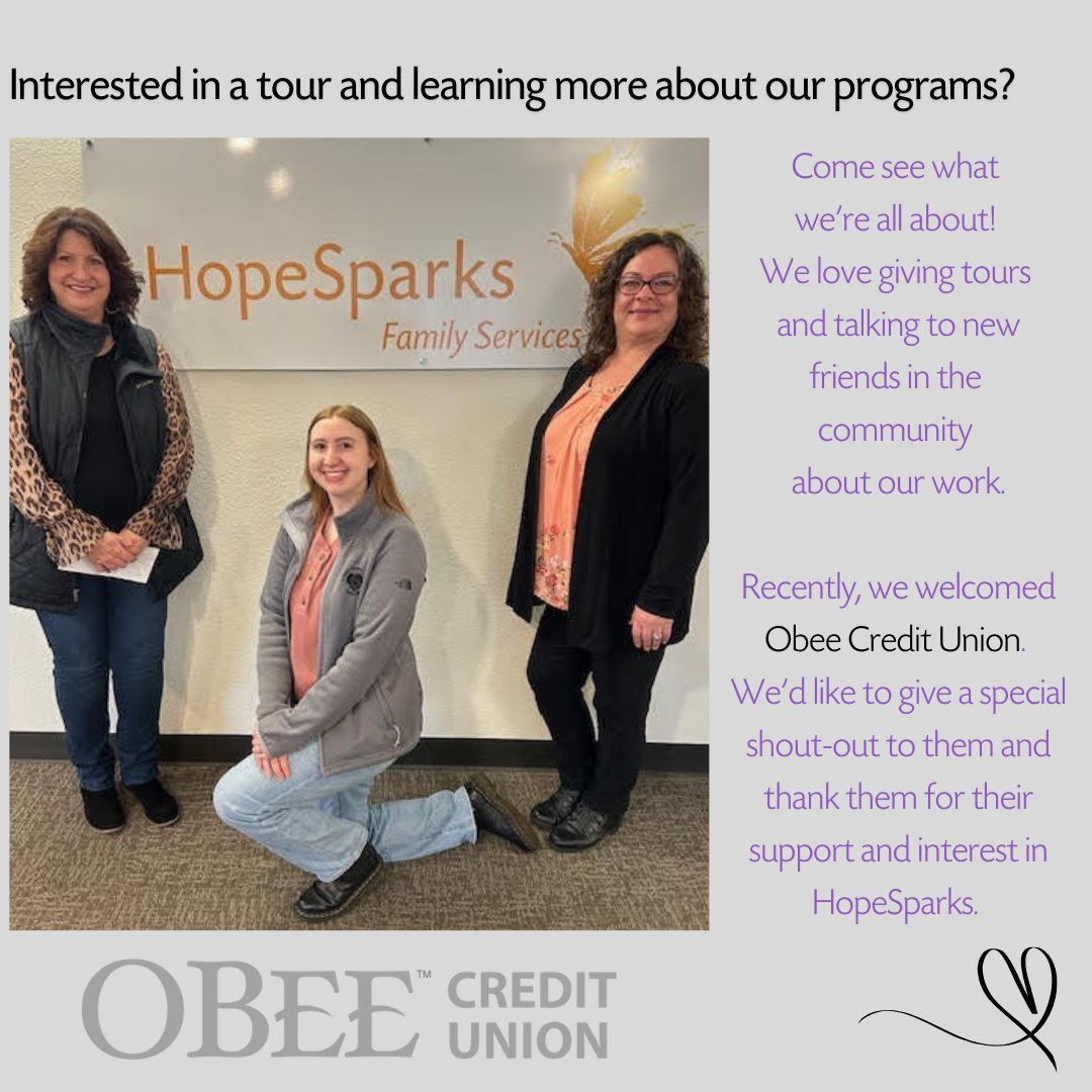 HopeSparksOrg's tweet photo. We love giving tours and telling new friends about our programs for children and families. Thank you to Obee Credit Union for stopping by!

Come check us out! Email, Amy Weaver: aweaver@hopesparks.org to schedule a tour! https://t.co/WpGiIVJw3X