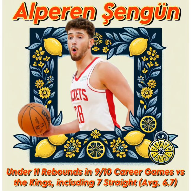 4LemonLocks's tweet photo. π¨π TODAYβS FREE #LemonLock ππ:
Alperen Sengun will record UNDER 10.5 rebounds @ the Sacramento Kings
Sengun: Under this total in 4 of his 7 games this season with no days of rest in between, avg. 9.7
Sengun: Under this total in 5 of his last 7 games, avg. 8.6 this month https://t.co/mZmBeglhgv