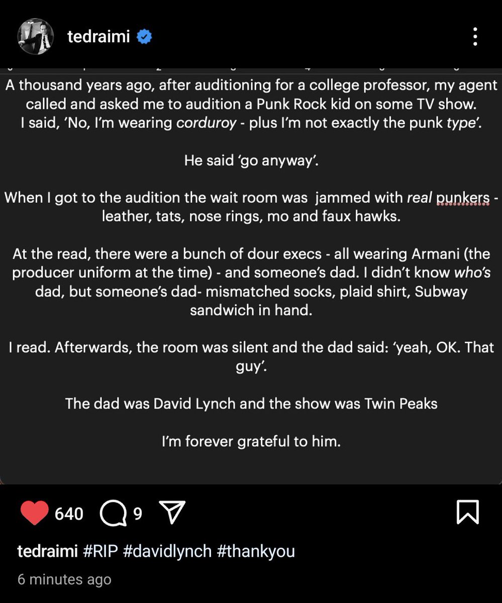 SamRaimiUpdates's tweet photo. Ted Raimi’s tribute to David Lynch for his character on Twin Peaks. 

(Via: TedRaimi on Instagram) https://t.co/v542uh72S3