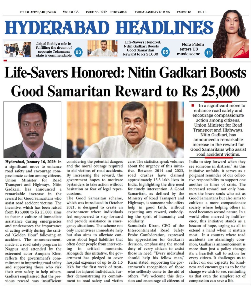Union Minister <a href="/nitin_gadkari/">Nitin Gadkari</a>'s heartfelt move to raise the reward for #GoodSamaritans from Rs 5,000 to Rs 25,000 inspires us all to embrace our shared humanity and step forward to save lives in times of crisis.
<a href="/RoadSafetyNGOs/">Road Safety Alliance</a> 
<a href="/MORTHRoadSafety/">MORTHRoadSafety</a>