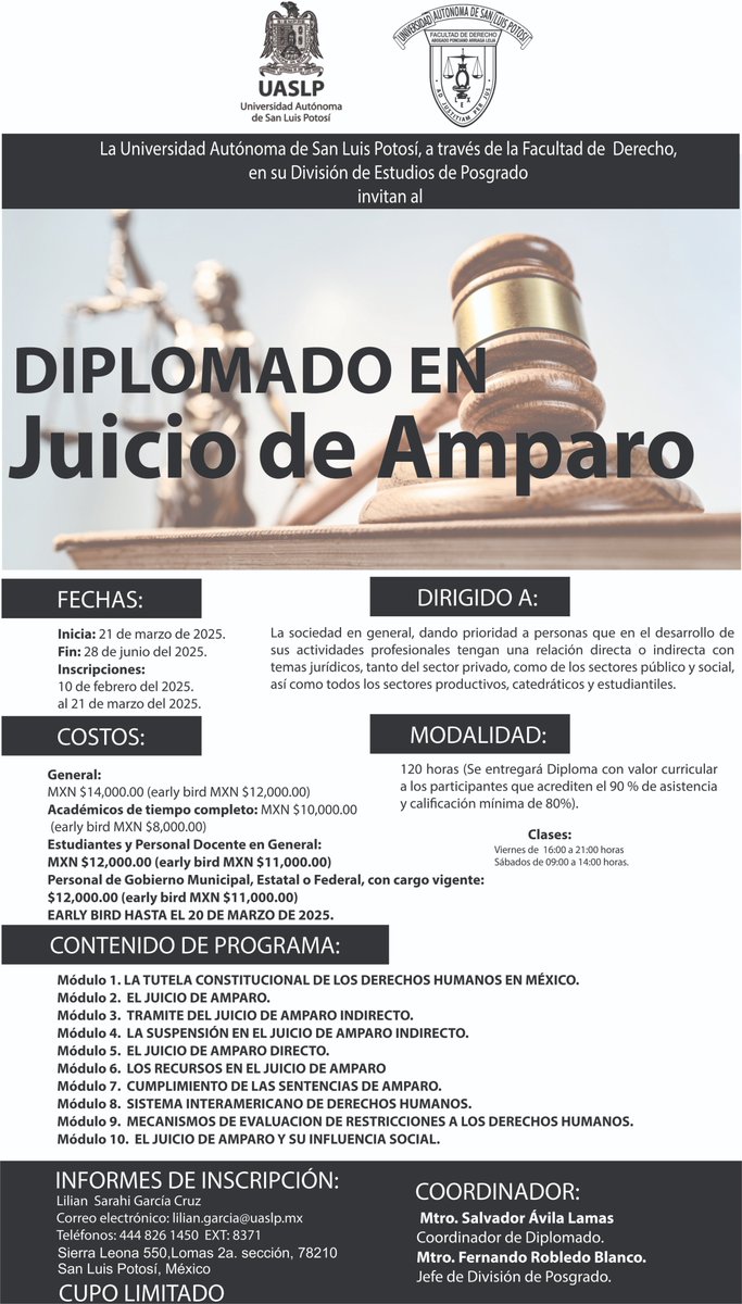 PDerechoUASLP's tweet photo. 🔴 Diplomado en Juicio de Amparo 2025 de la Universidad Autónoma de San Luis Potosí  
✉️ INFORMES/INSCRIPCIONES: lilian.garcia@uaslp.mx ☎️4448261450 EXT: 8371
@LaUASLP
@FacDerechoUASLP 
https://t.co/bSkwwduHva https://t.co/tMRgpxpTkc