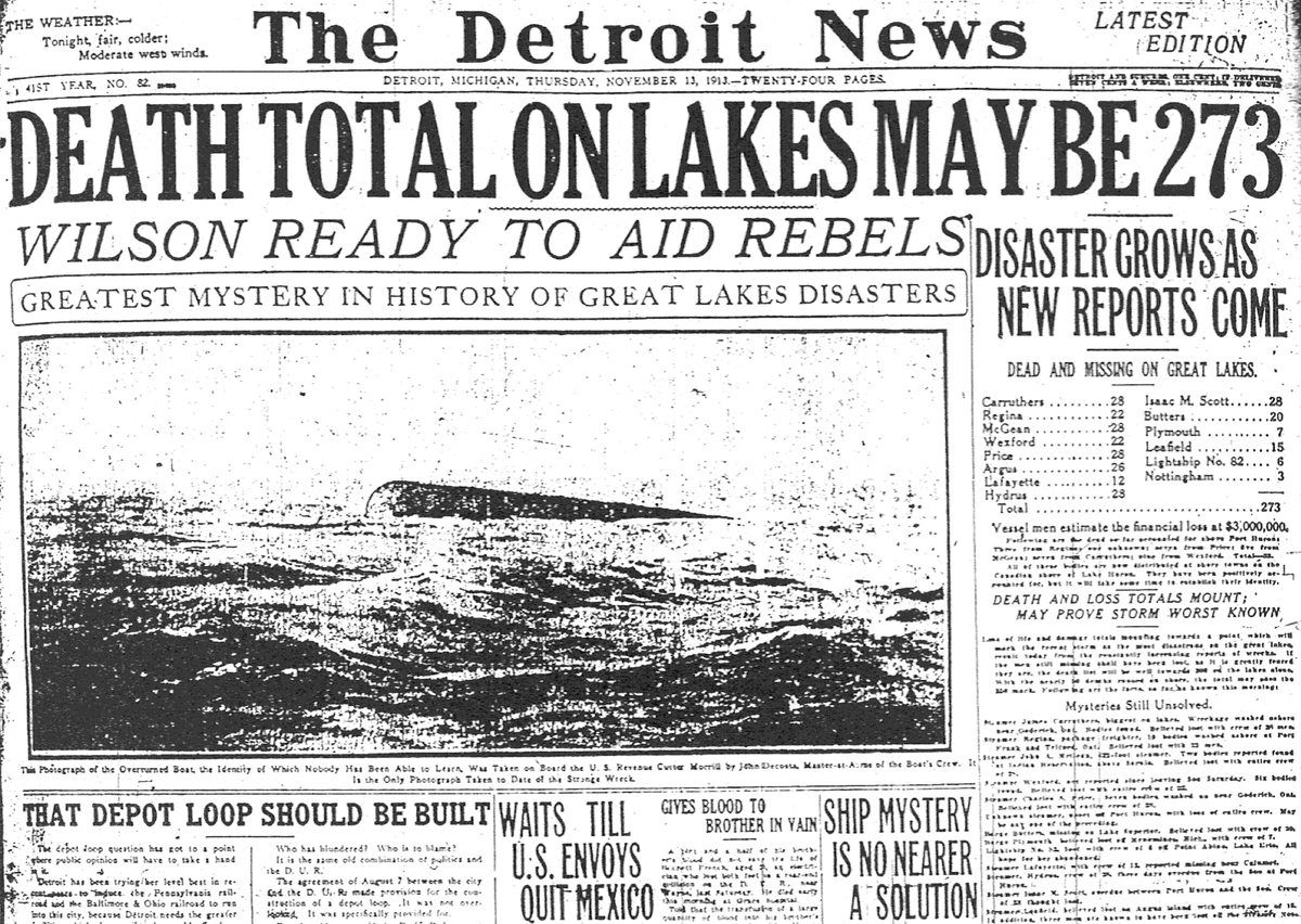 EldridgeMcCobb's tweet photo. As winter storms loom over the U.S. and Canada, we’re reminded of a truly chilling tale — the Great Lakes Storm of 1913. 

Sailors at the time swore the storm was so fierce and cruel it possessed an evil will of its own, something old timers called a “November witch.” 

On November 7, under a deceptively calm sky, the storm seemed to bide its time, brewing silently over the entire Great Lakes. Suddenly, as if signaled by an unseen hand — all hell broke loose.

The storm quickly became known as the "White Hurricane," unleashing winds over 90 mph, creating waves that towered 50 feet or more. Sailors, used to the unpredictable mood of the lakes, were nonetheless caught off-guard; they described the water as boiling and the skies as black as night at noon.

By the 9th, the storm had turned into a nightmare of biblical proportions.

The lakes, vast and indifferent, turned into white-capped graveyards as waves washed crewmen overboard, winds shrieked like banshees, and snow whipped and blinded those brave sailors unlucky enough to be on duty, including many of the E&M line.

The storm’s fury swallowed huge ships like the Charles S. Price and Henry B. Smith whole, taking the secrets of their crews’ horrifying last moments down with them into an ice water tomb. 

The witch would devour ships on four of the five Great Lakes, with a particularly hunger for those sailing Lake Huron. This wasn't just weather; it seemed to be a force of nature that resented human intrusion. 

By the end, 19 ships and well over 250 souls would be lost to “The Big Blow of 1913,” many bodies never being recovered.  

The "White Hurricane" remains a terrible reminder of Great Lakes’ unforgiving, almost supernatural power. What secrets still lie beneath those waves; what spells the November witch could yet conjure, only history can whisper.