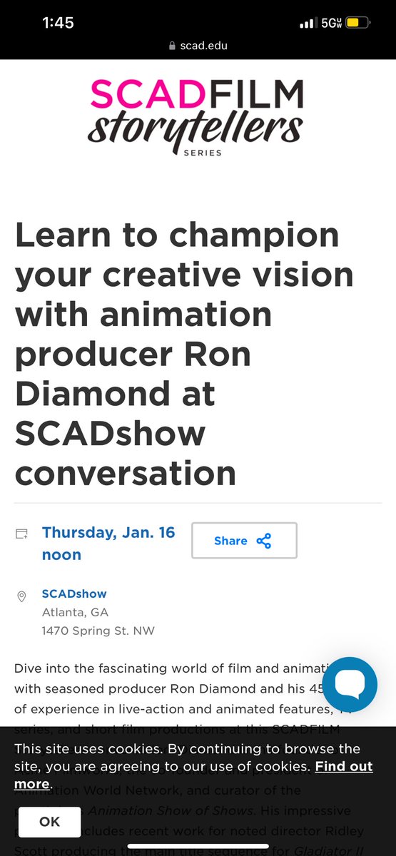 MaxWrightSCAD's tweet photo. Thank you @SCADdotedu for the excellent talk with Ron Diamond at SCADShow today. He was very cool and was very informative about his experience in the animation industry. @SCADFILM continues bringing great people for their Storytellers series! #scad #scadfilm #acmefilmworks https://t.co/8g6Kol7DrM