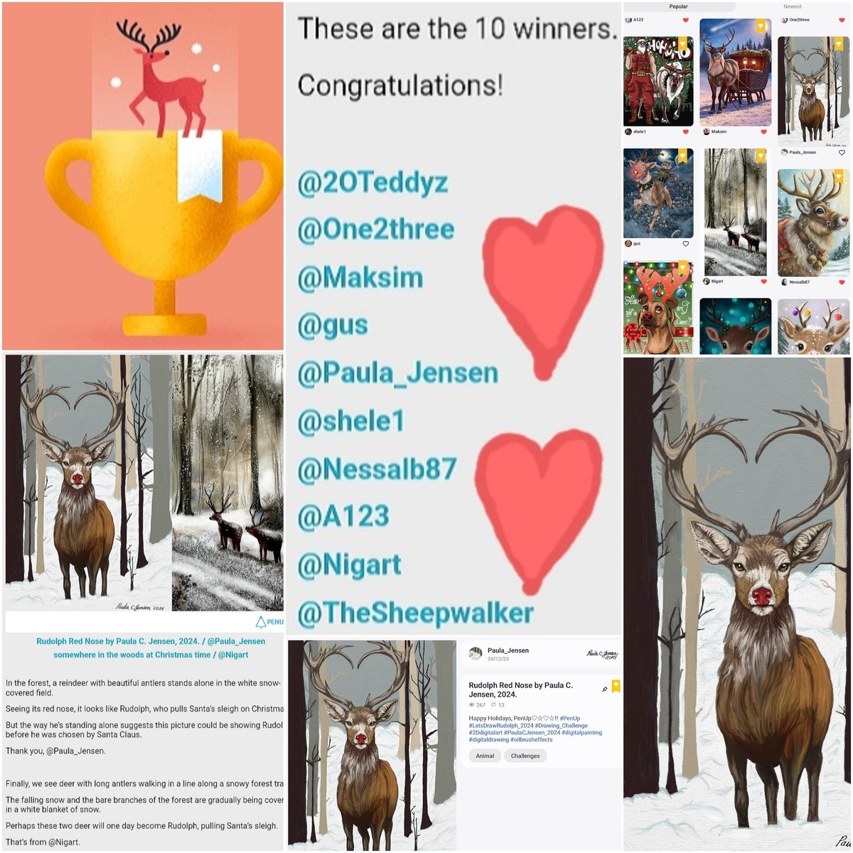 Paulajensen781's tweet photo. CONGRATULATIONS!! 🏆 To the 10 winners of PenUp's Let's Draw Rudolph Drawing Challenge 2024!! Which included my 2024 digital painting Rudolph Red Nose!! #Drawing_Challenge #LetsDrawRudolph2024 #2Ddigitalart #ArtRage #PaulaCJensen_2025 #PenUp #PollywogDesigns_2025 https://t.co/Lz03uT68eG