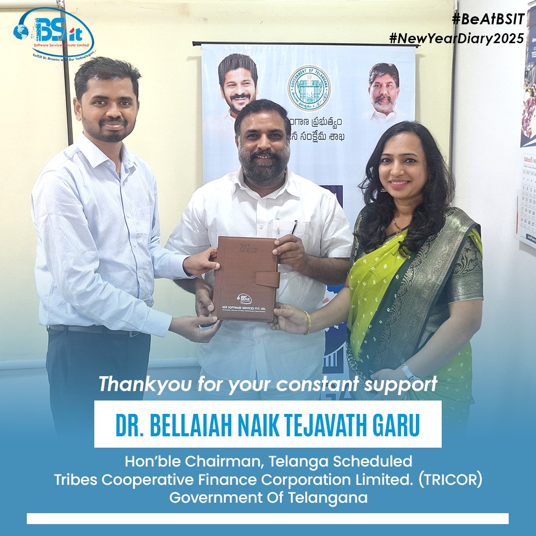 sharadanenavath's tweet photo. Delighted to share our New Year Diary 2025 with DR. BELLAIAH NAIK TEJAVATH GARU, Hon'ble Chairman, TRICOR! Thank you for your support &amp; leadership. 
#NewYearDiary2025 #DiaryDistribution #TRICOR #TelanganaLeadership #EmpoweringCommunities #bsit #bsitsoftware #NewYear https://t.co/tx6IylogUn
