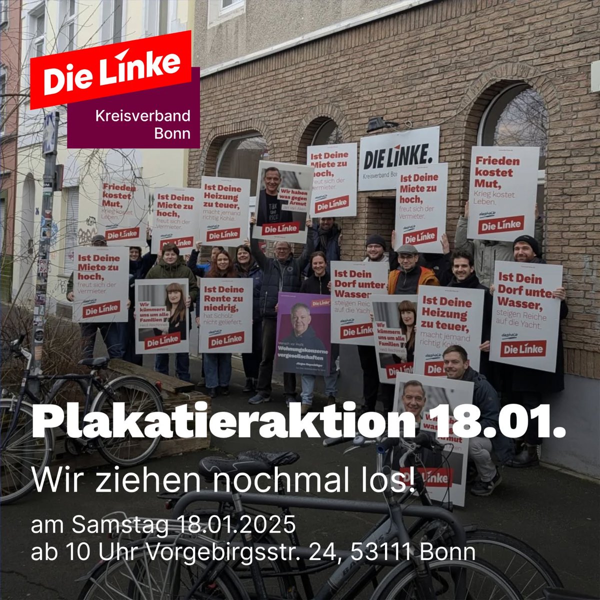 Nach einer erfolgreichen Plakatieraktion letzten Samstag ziehen wir nochmal los!
Du bist dabei? Dann schreib uns , und wir planen dich ein!
Samstag 18.01.2025 ab 10 Uhr
Vorgebirgsstr. 24, 53111 Bonn
#DieLinke #NachDerAmpelLinks #Bonn #DieLinkeNRW #SozialeGerechtigkeit