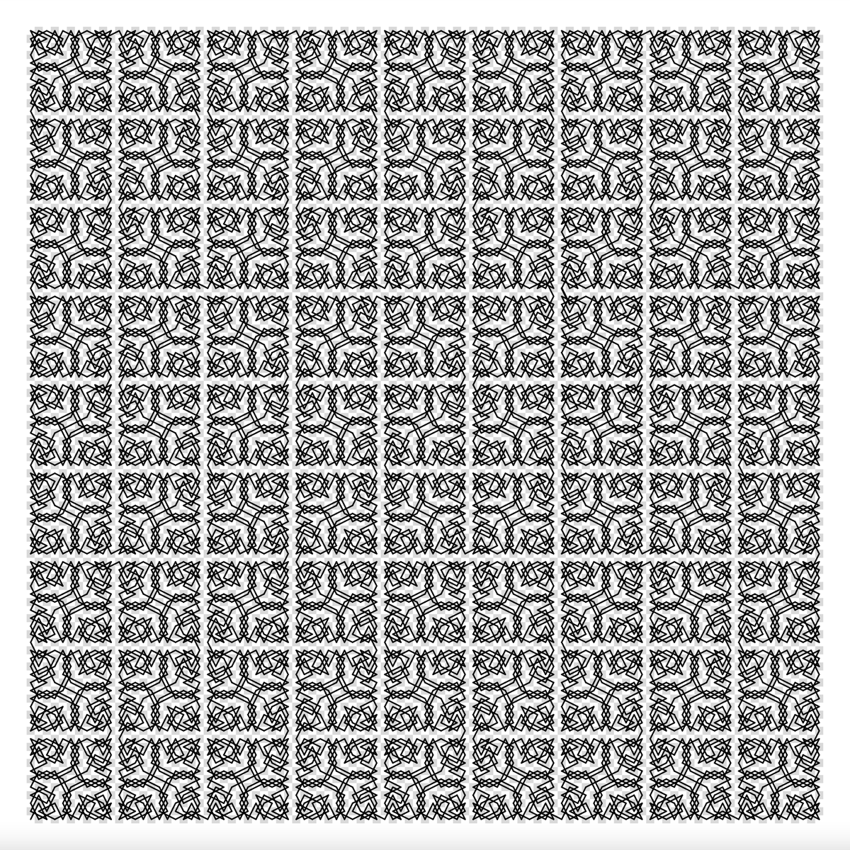 An open knight’s tour of a 33x33 board, and an open knight’s tour of a 99x99 board. Both use the same 11x11 tour as a motif, and both follow a Peano-curve-like path through the array of 11x11 cells.