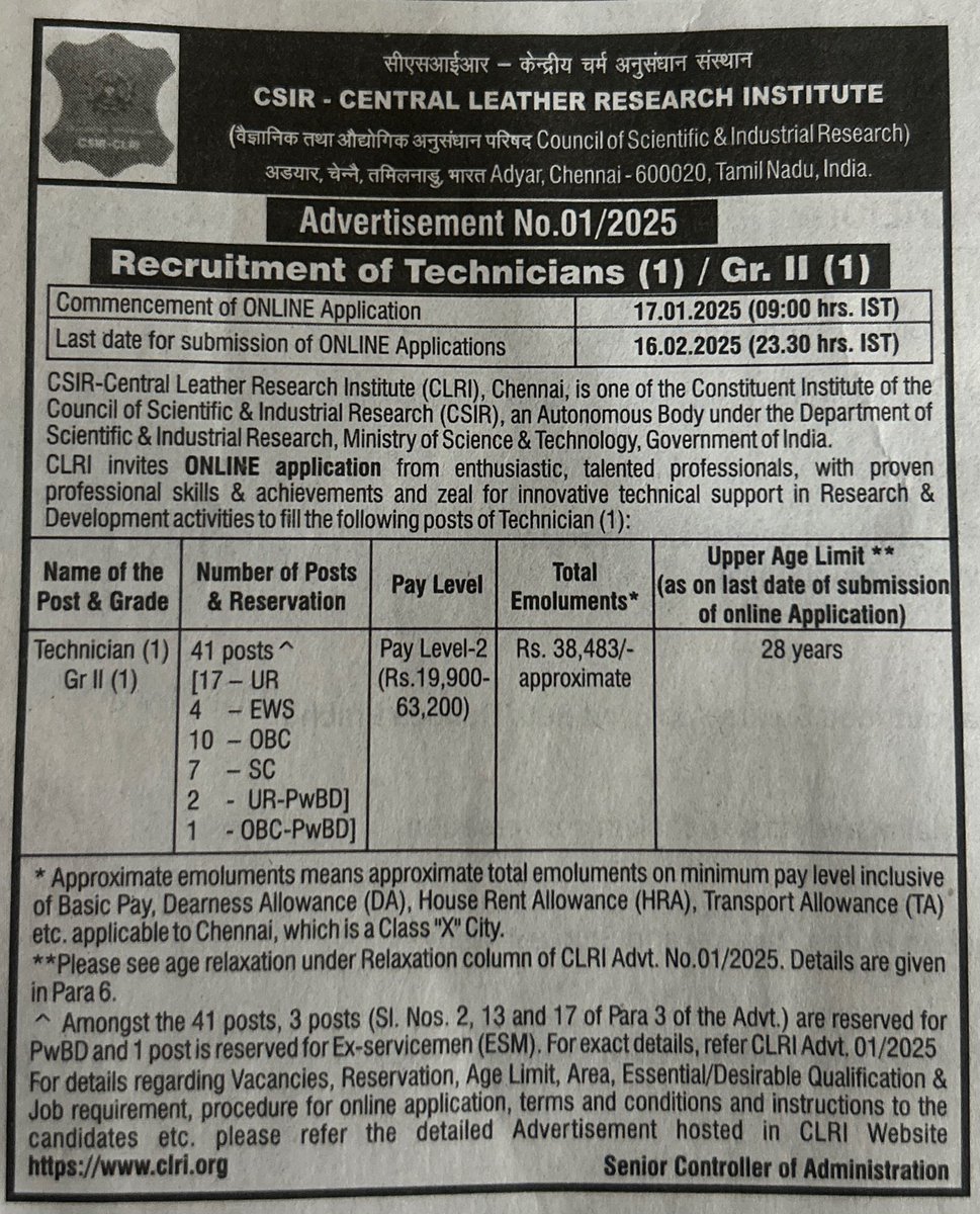 clriindia's tweet image. CSIR-Central Leather Research  Institute - Recruitment of Technicians (1) / Gr. II (1) 

Advertisement No. 01/2025

@kjsreeram @DrNKalaiselvi @CSIR_IND #recruitment