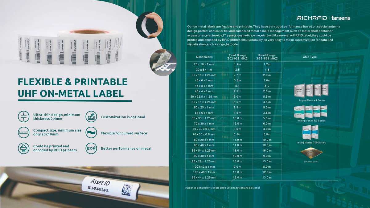 RFID UHF on metal label,printable and flexible,anti-metal&amp;liquid,perfect choice for IT assets,cosmetics,perfume,wine,etc. Different chips and dimensions optional. #RFID#UHF#RFIDlabel#RFIDtag#Assettracking More info:richrfid.com/product/list/#…