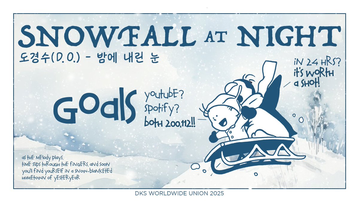 ‘밤에 내린 눈 (Snowfall at Night)’ [#DohKyungsoo]

❄️ 24H RELEASE GOAL ❄️

As we warm our hearts with Kyungsoo's gift, let's keep in mind the the magic number of 200,112 ✨(whether views or plays)

#도경수 #밤에내린눈
#Snowfall_at_Night
<a href="/companysoosoo_/">Company Soosoo</a>