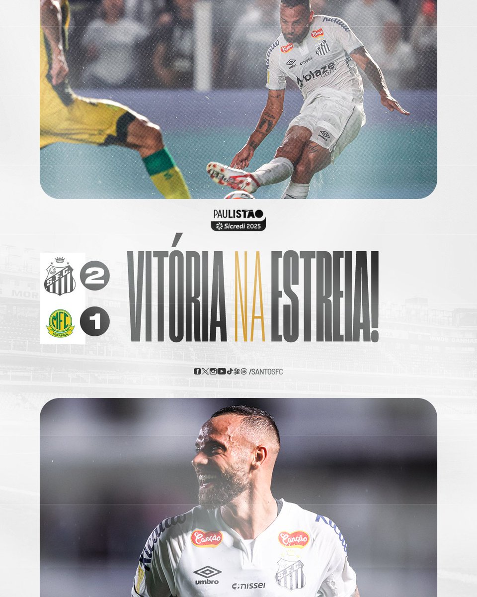 SantosFC's tweet photo. ESTREIA COM VITÓRIA SANTISTA! 🐳

O Santos vence o Mirassol na Vila Belmiro por 2 a 1 no primeiro desafio do #PaulistãoSicredi2025! Guilherme marcou duas vezes. https://t.co/QeGL7redTR