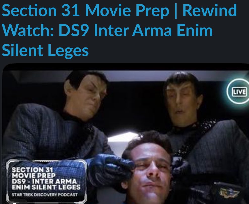 Join us tonight as Paul and Clyde talk about the Section 31 episode Inter Arma Enim Silent Leges from DS9. 8:00 pm Pt/10:00pm Ct 11:00 pm ET youtube.com/watch?v=M4PT3h…