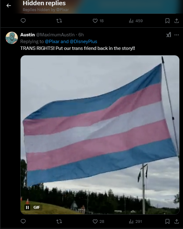 hey, look, that's the official Pixar account hiding trans rights posts. fuck you, Disney ✨