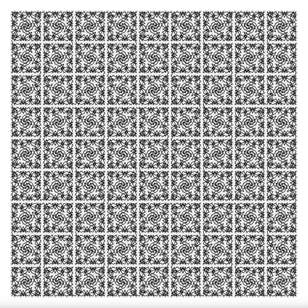 An open knight’s tour of a 33x33 board, and an open knight’s tour of a 99x99 board. Both use the same 11x11 tour as a motif, and both follow a Peano-curve-like path through their array of 11x11 cells.