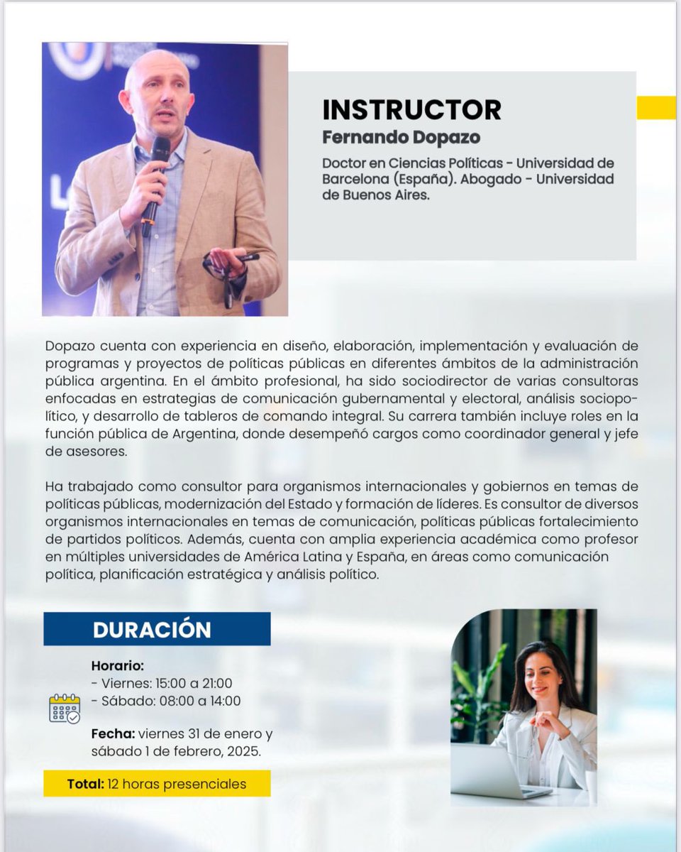 📢 ¡Aprende a diseñar estrategias, gestionar crisis y comunicar políticas públicas junto al experto <a href="/fadopazo/">Fernando Dopazo</a>!

Taller Presencial de Comunicación Política en la ESPOL, Guayaquil 📍

📅 31 de enero - 1 de febrero 2025

¡Cupos limitados! #ComunicaciónPolítica
