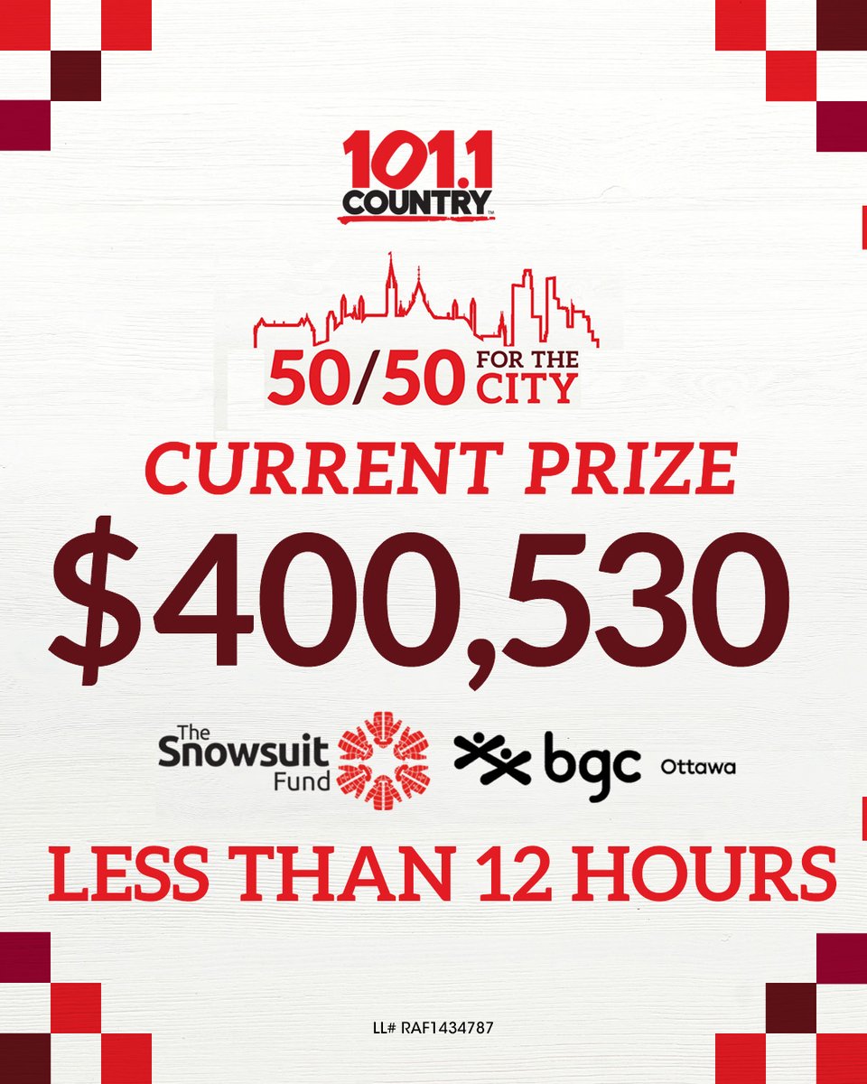 🚨LESS THAN 12 HRS- $400,000+ PRIZE🚨

IT'S NOW OR NEVER. GET YOUR TICKETS.

Do it before 8:30AM, tomorrow, Friday January 17th FOR YOUR CHANCE TO WIN BIG!!!

How big will YOUR PRIZE BE?

TICKETS: bit.ly/5050forCity

Proceeds to <a href="/SnowsuitFund/">The Snowsuit Fund</a> <a href="/bgcottawa/">BGC Ottawa</a>