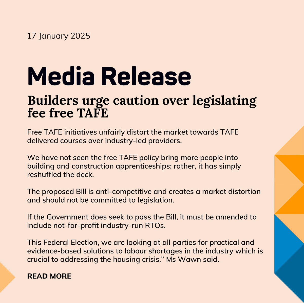 While we support, in principle, fee-free VET courses and the Government’s skills and training agenda in general, the legislation of free TAFE is unnecessary and will have unintended impacts on highly successful not-for-profit, private registered training organisations.
#auspol