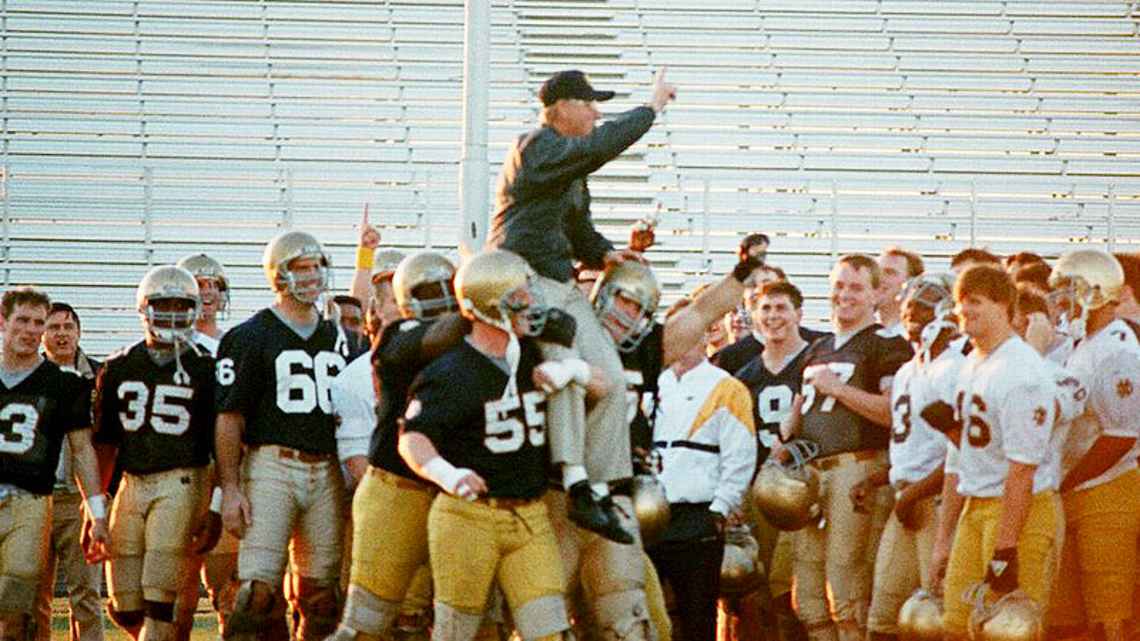 In advance of the 1988 National Championship, Coach Holtz made the team practice carrying him off the field. This was done to build confidence, help keep the focus on winning the game and to ensure no detail was overlooked.
☘️ 🏈 🏆 🌳