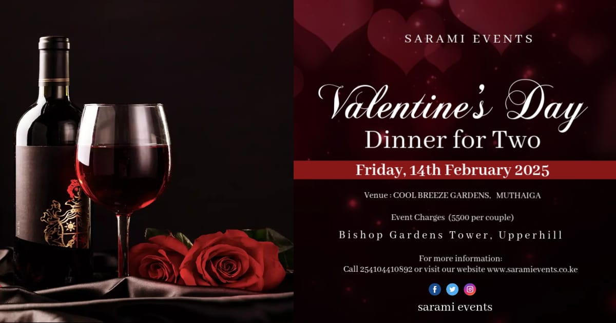 SaramiEvents254's tweet photo. Spread the love this #valentinesday2025  by booking our dinner for two , cool breeze gardens muthaiga  for only 5500 per couple .

For more information &amp; bookings ☎️+254 104 410892 or visit our offices at Bishop garden upper hill.

#saramicares https://t.co/s8hk7s46AP