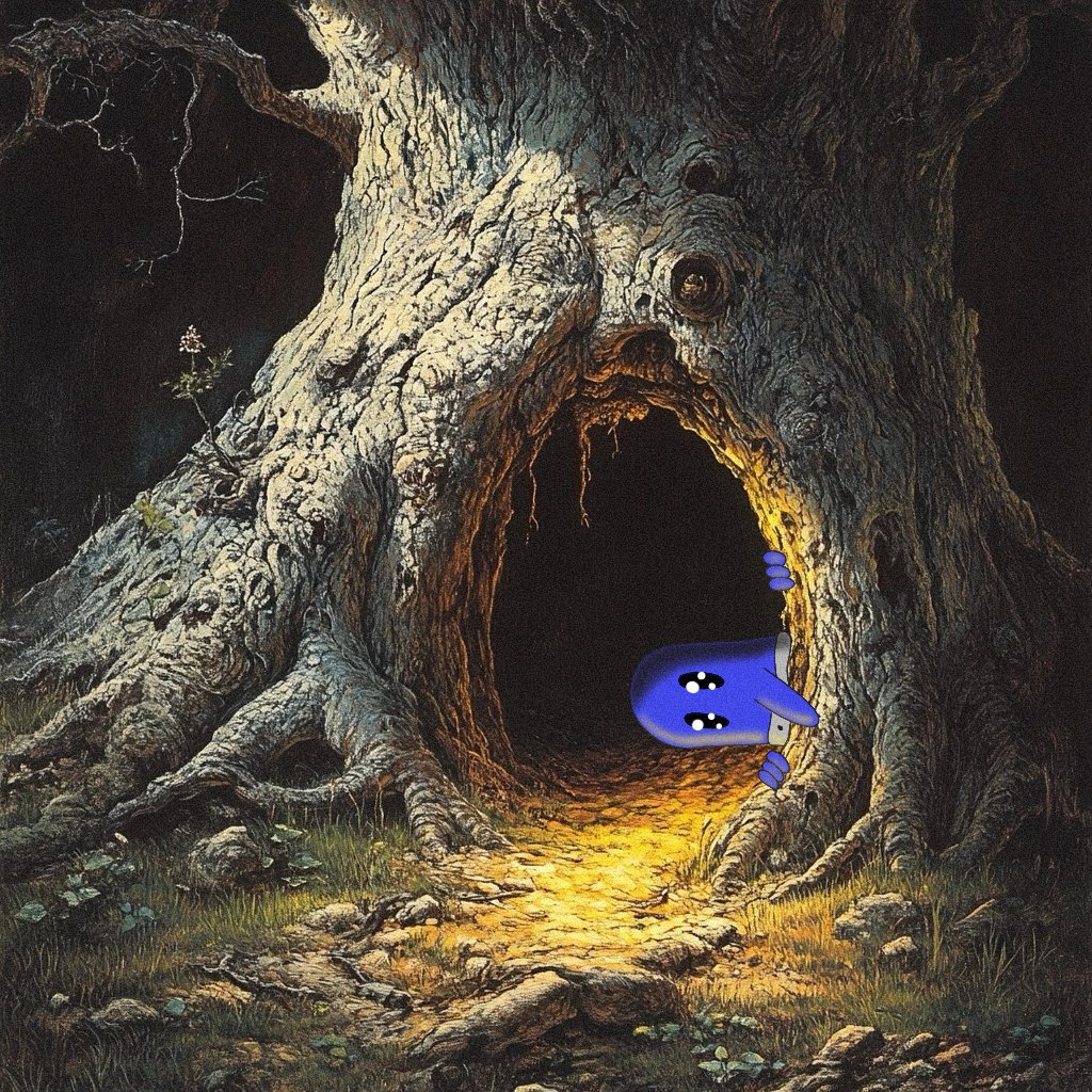 Chapter 12: The Hollowed Tree

Upon spying a tree with a yawning hollow, Gnom crept cautiously inside. Its depths glowed faintly, a beacon of hope—or peril. "Perchance my hat lies within," he muttered, stepping into the unknown.