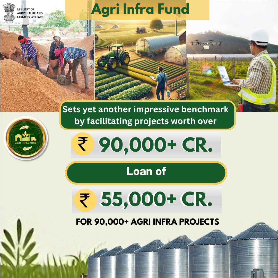 AgriInfraFund's tweet photo. @AgriInfraFund sets yet another impressive benchmark by facilitating projects worth over Rs.90,000+ crore loan of 55,000+ crore for 90,000+ agri infra projects.

#agriinfrafund #90k #90kachievement #aifexpansions #agrigoi #pragaticampaign #aifkipragati #PRAGATI #aifachievement #postharvestmanagement #mygovindia #trendingnow 

@PMOIndia @narendramodi @OfficeofSSC @AgriGoI @RNK_Thakur @mpbhagirathbjp
@Sampraveen0406 @PIBAgriculture @mygovindia @pib_india @DDKisanChannel
@MIB_India @mpagriaif @aif_punjab
@aiftelangana @AifKerala