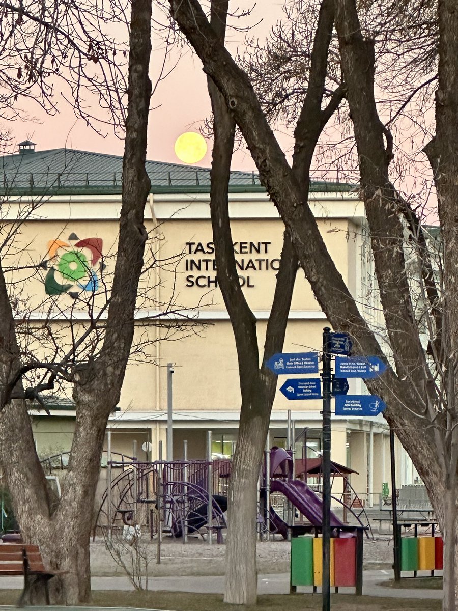 Beautiful sunrise and moon set at Tashkent International School, #tashschool #winter