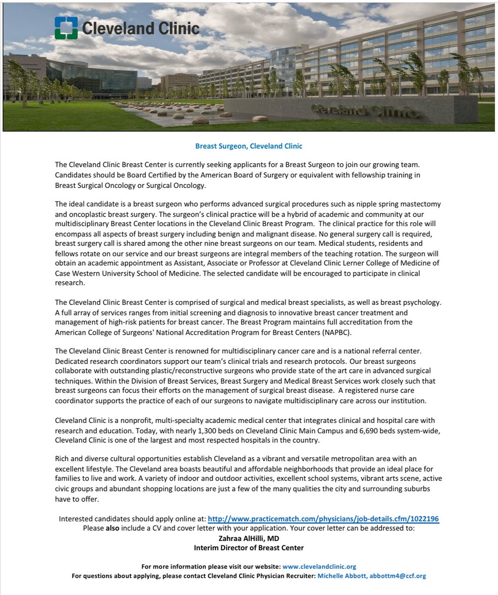 Zahraa Al-Hilli (@zalhillimd) on Twitter photo We are looking for an outstanding Breast Surgical Oncologist to join our team at <a href="/ClevelandClinic/">Cleveland Clinic</a>! This is an exciting opportunity to make a meaningful impact and be part of a comprehensive program dedicated to exceptional patient care and innovation!
practicematch.com/physicians/job… We are looking for an outstanding Breast Surgical Oncologist to join our team at <a href="/ClevelandClinic/">Cleveland Clinic</a>! This is an exciting opportunity to make a meaningful impact and be part of a comprehensive program dedicated to exceptional patient care and innovation!
practicematch.com/physicians/job…