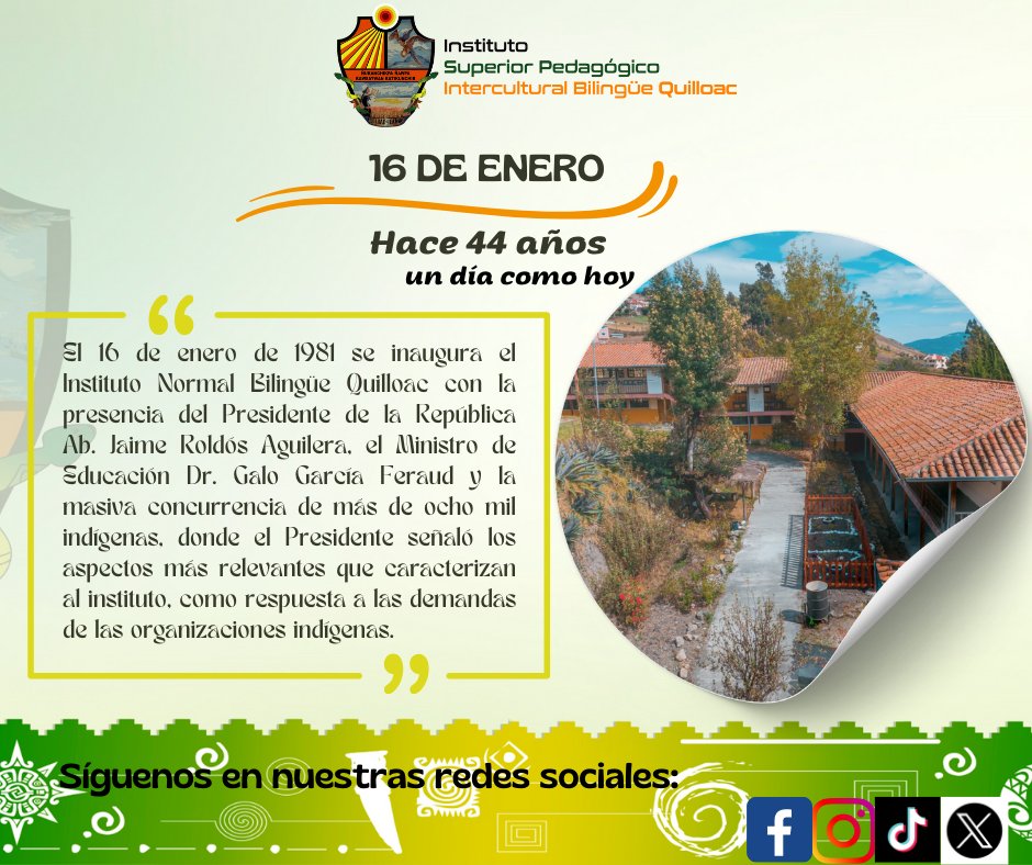 Hoy conmemoramos con orgullo la inauguración del Instituto Quilloac, una institución que, durante más de cuatro décadas, ha sido el pilar del fortalecimiento de la interculturalidad, la preservación de la lengua Kichwa y la formación de generaciones comprometidas con sus pueblos.