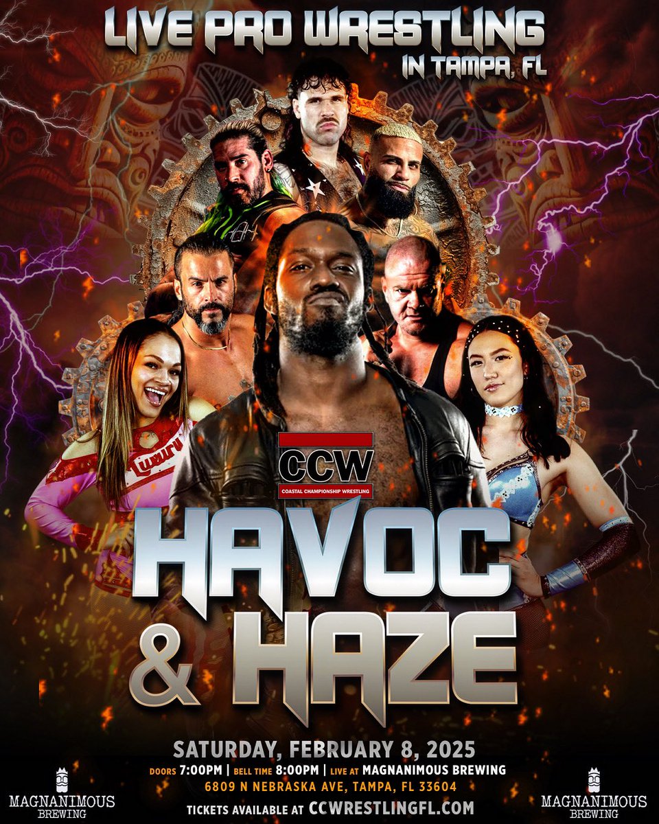 CCWAliveTV's tweet photo. Coastal Championship Wrestling returns to TAMPA on Saturday, February 8th for Havoc & Haze 10! 🔥 Featuring: Rich Swann, Danny Briggs, Dirty Devin Diaz, Ricky Martinez, Jacey Love, and more!

If you're a fan of Professional Wrestling, Magnanimous Brewing is the only place to be!

Tickets are available now! Do not miss it! 🎟 https://t.co/cvofWYOji8
