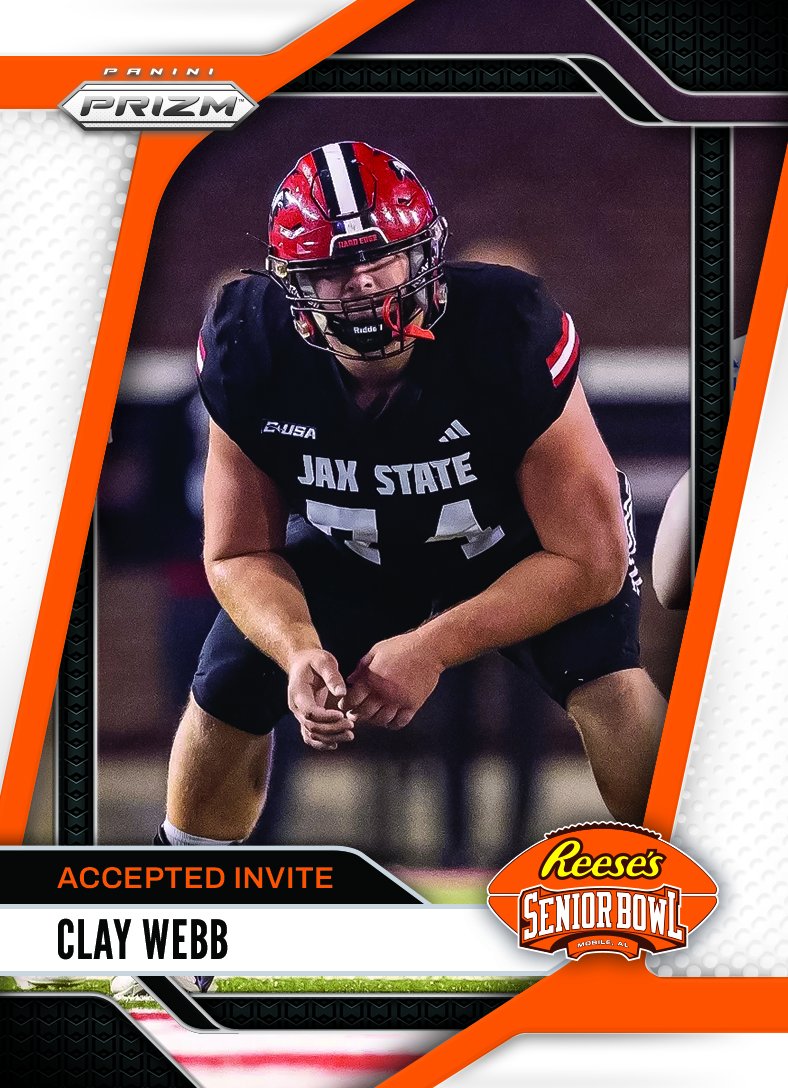 Reese's Senior Bowl (@seniorbowl) on Twitter photo Itโs OFFICIAL! OL Clay Webb <a href="/claywebbG3/">Clay Webb</a> from <a href="/JaxStateFB/">Jax State Football</a> accepted his invite to the 2025 Reese's Senior Bowl!!! #FearTheBeak #BestOfTheBest #TheDraftStartsInMOBILEโข๏ธ
@JimNagy_SB <a href="/PaniniAmerica/">Panini America</a> #RatedRookie Itโs OFFICIAL! OL Clay Webb <a href="/claywebbG3/">Clay Webb</a> from <a href="/JaxStateFB/">Jax State Football</a> accepted his invite to the 2025 Reese's Senior Bowl!!! #FearTheBeak #BestOfTheBest #TheDraftStartsInMOBILEโข๏ธ
@JimNagy_SB <a href="/PaniniAmerica/">Panini America</a> #RatedRookie
