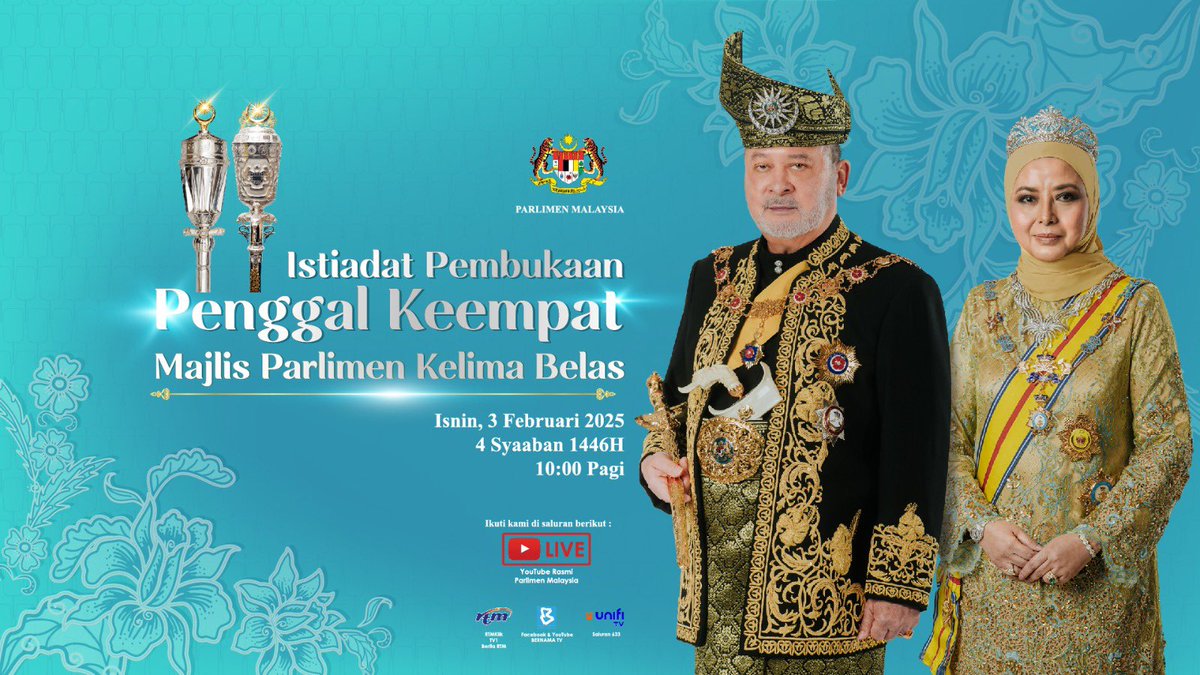 Istiadat Pembukaan Penggal Keempat Majlis Parlimen Kelima Belas akan berlangsung pada 3 Februari 2025 (Isnin), jam 10.00 pagi.

Siaran langsung menerusi YouTube Rasmi Parlimen Malaysia.

<<< youtube.com/live/IBE-i_L0x… >>>

Bahagian Komunikasi Korporat
Parlimen Malaysia