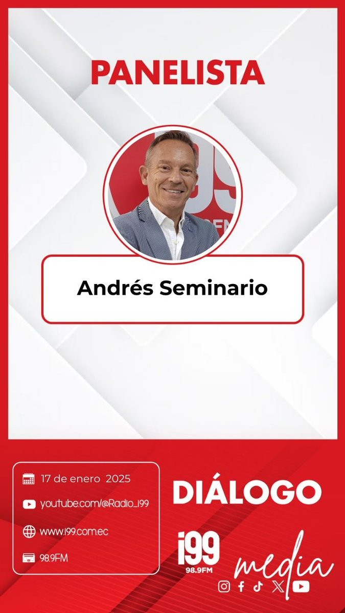 Radio_i99's tweet photo. Te presentamos a los invitados de Diálogo
- 07h00 Carlos Yaguachi
- 07h30 Esteban Ron Castro
- 08h00 Andrés Seminario
Panelista
- 09h00 Andrés Guschmer
- 09h30 Álvaro Marchante
#Sintonizala98.9FM
#i99
#Quebuenaradio https://t.co/S8aUBsMwqv