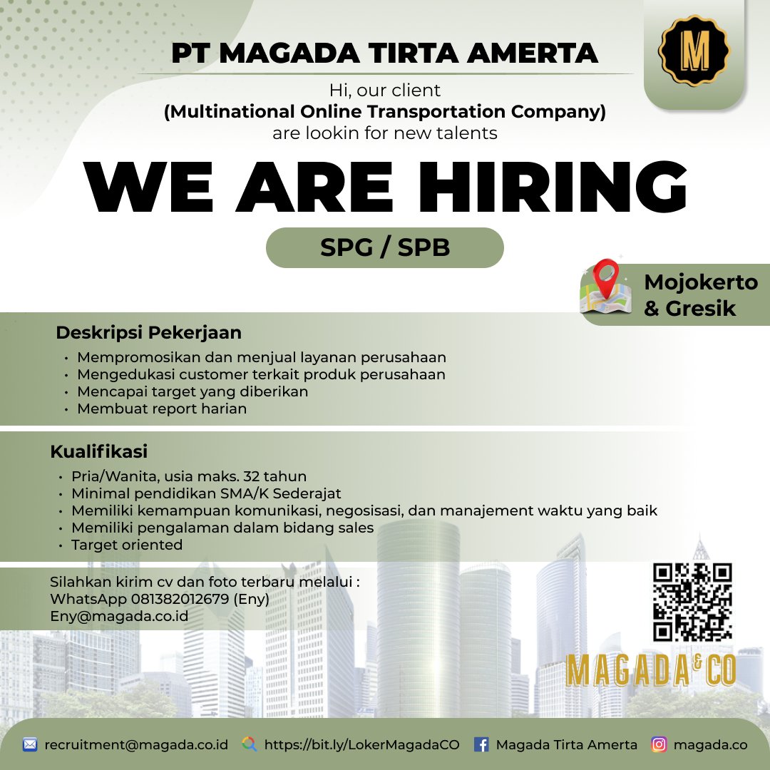 magada_co's tweet photo. WE ARE HIRING! 📢

SPG / SPB - Mojokerto &amp; Gresik

📧recruitment@magada.co.id ☎+62122833680

#info #infoloker #loker #lowongan #lowongankerja #magada #magadaco #lokermagada #lokerspg #lokerspb #lokermojokerto #lokergresik https://t.co/vuB48cFBjX