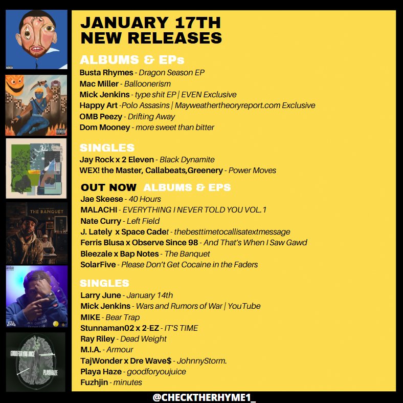 🚨 This week's new drops

Busta Rhymes
Mac Miller
Larry June
Jay Rock x 2 Eleven
Mick Jenkins
MIKE
Happy Art
Jae Skeese
Stunnaman02 x 2-EZ
MALACHI
Nate Curry
Ray Riley
Dom Mooney
Wex! the Master, Callabeats, Greeneryy
J. Lately x Space Cadet
TajWonder x Dre Wave$
Playa Haze
+more
